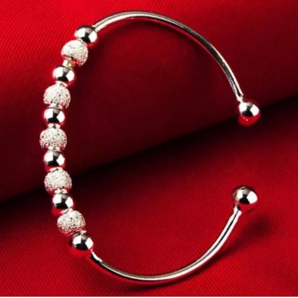 Silver Beaded Bangle Bracelet Adjustable Loose Fit Elegant Dainty Bracelets - Picture 8 of 16
